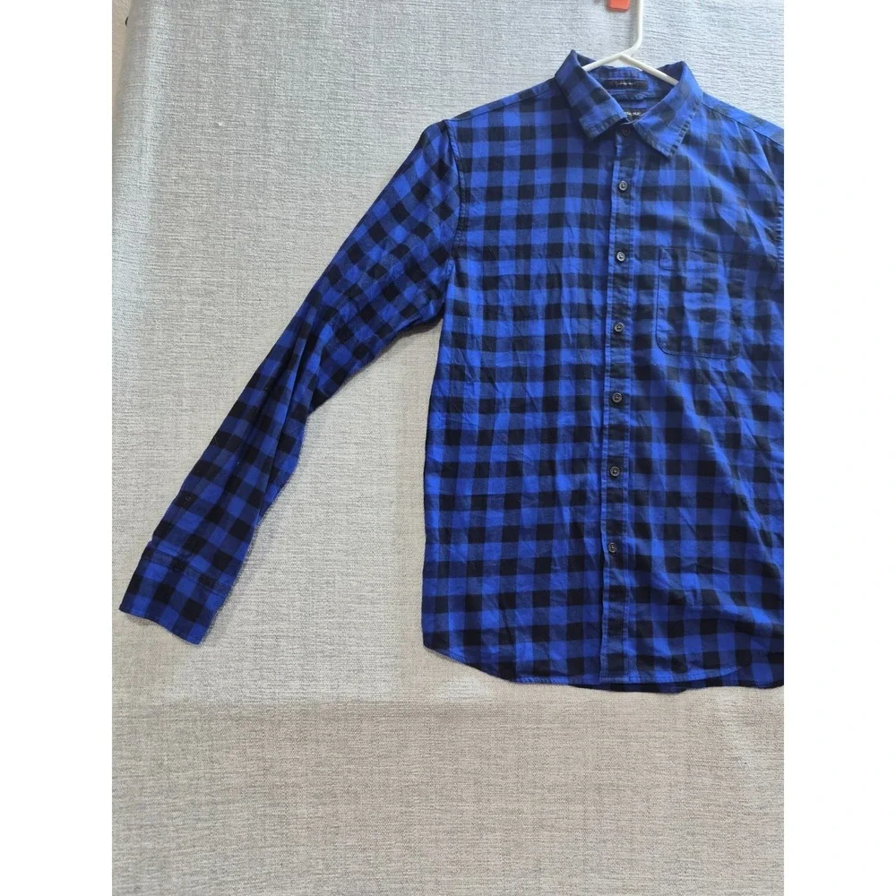 Banana Republic Shirt Men Medium Blue Black Buffalo Check Untucked Fit Button UP